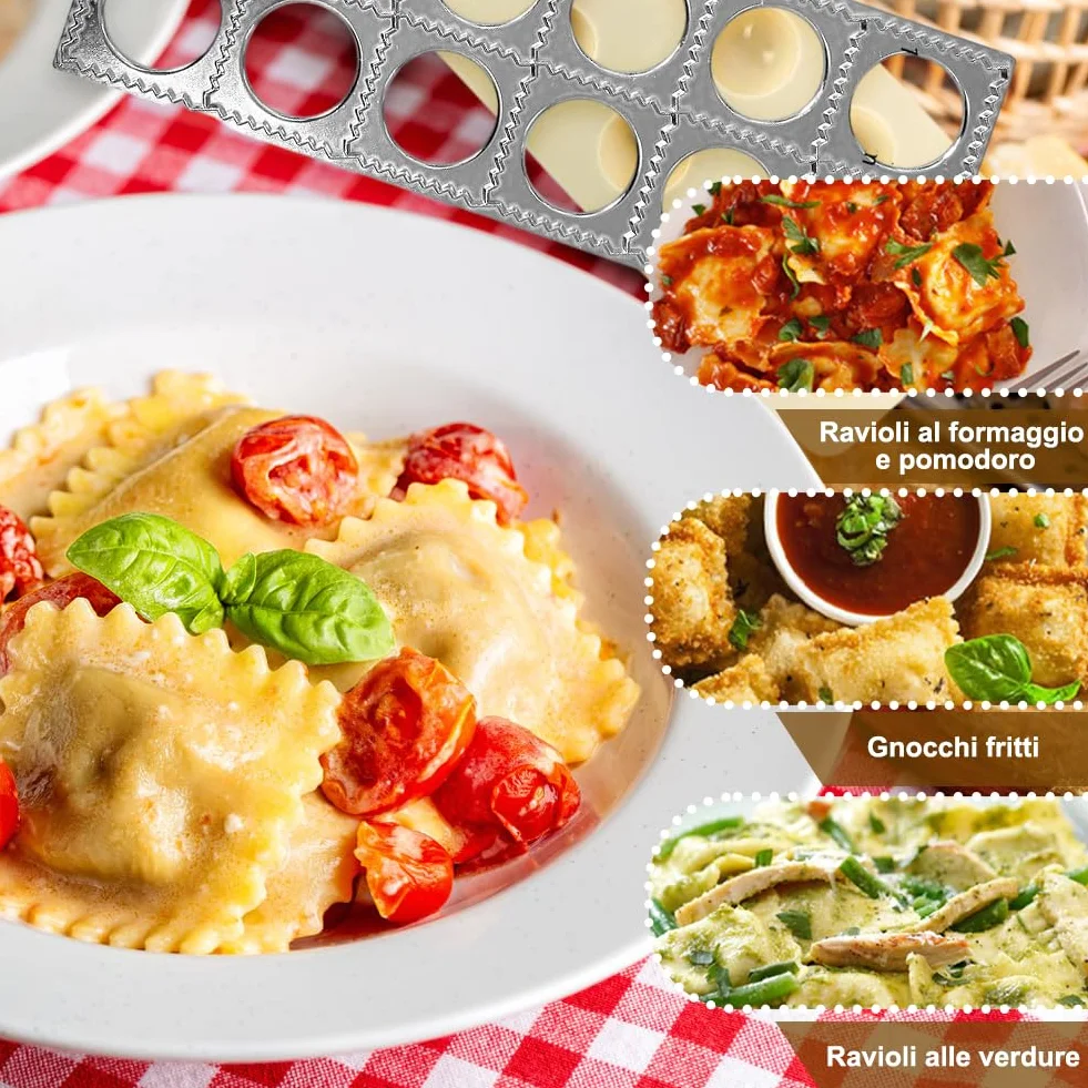 Ravioli - Juego de prensa para raviolis (4 piezas, acero inoxidable, con cortador redondo y cuadrado de 40 mm (12 orificios), incluye rodillo, espacio de llenado generoso para raviolis frescos y