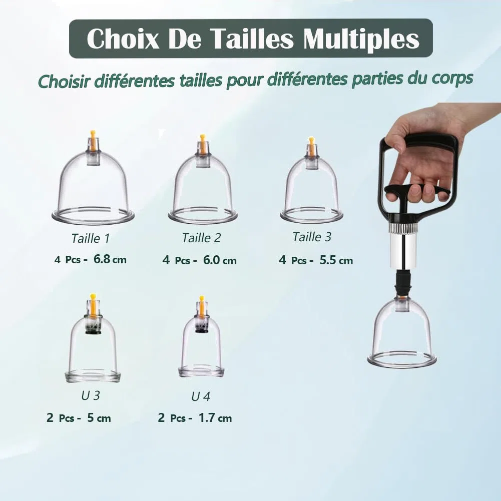 Kit de 16 tazas de succión de hijama, ventosa de masaje- talla V2.0 Insturctions en francés - Ventosas terapéuticas chinas de Cupping Kit de pistola de masaje acupuntura 16 tazas