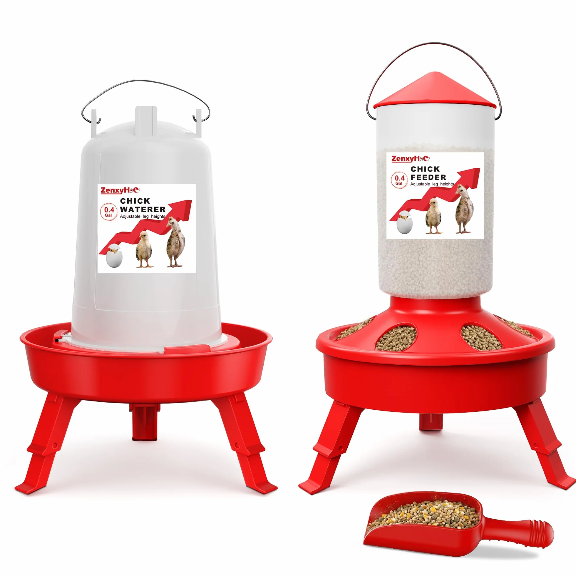 ZenxyHoC Juego de comedero y Bebedero para Pollitos con comedero automático de 1,5 l y Bebedero de 1,5 l para llenar la Parte Superior, Incluye Pala y 3 Patas Regulables en Altura, Color Rojo