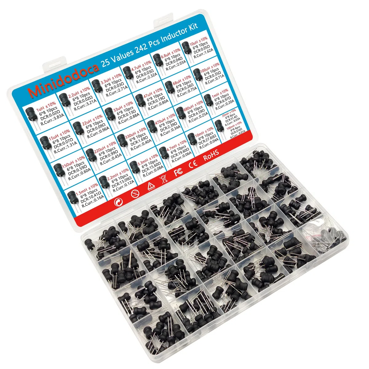 25 Values - Kit de inductores de 242 piezas de 1uH a 100 mH DIP Radial Power Choke Inductores Surtido Kit Bobina de cobre Corriente nominal Resistencia CC Compartimento individual