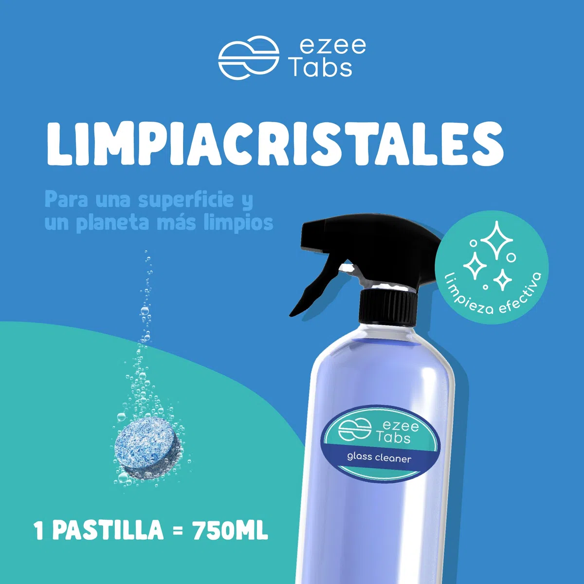Paquete de Limpiacristales - Pastillas Limpiadoras para una Limpieza sin Microplásticos, Biodegradable y Vegana - 4 x 750ml de Limpiacristales y 1 Botella Reutilizable