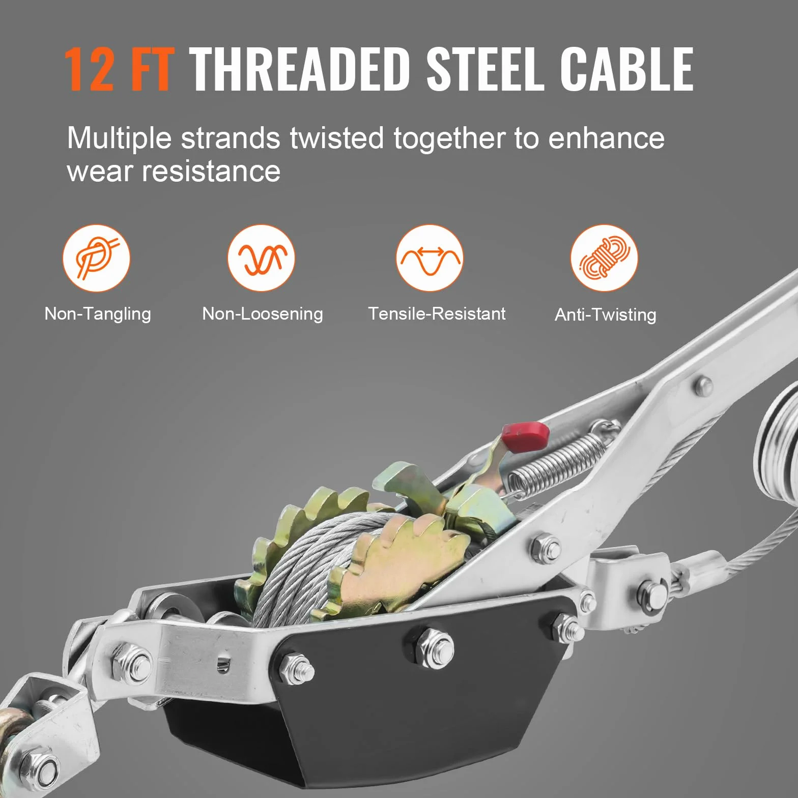 VEVOR Cabrestante de Tracción Capacidad de Tracción de 2 T Cable de Acero de 3,7 m 2 Ganchos Herramienta Extractora de Trinquete Extractor de Cable de Elevación Ideal para Rescate de Vehículos