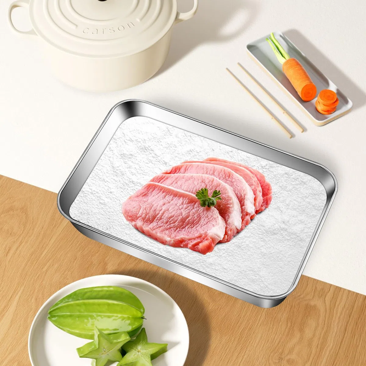 3 Piezas Bandejas para Empanar, Bandejas Acero Inoxidable para el Rebozado, Bandeja para Empanizar de Horno Metálica Rectangular para Empanizar Rebanadas de Carne Pescado (25,5 x 20 x 5,5 cm)