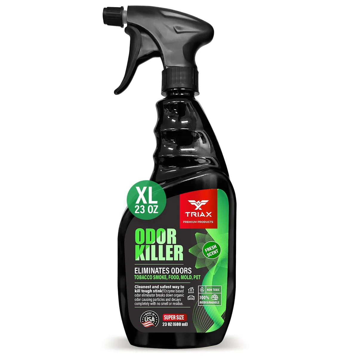 TRIAX Eliminador de olores avanzado, a base de enzimas, aroma fresco, no tóxico y 100% biodegradable, uso multisuperficie para alfombras, telas, superficies duras y más