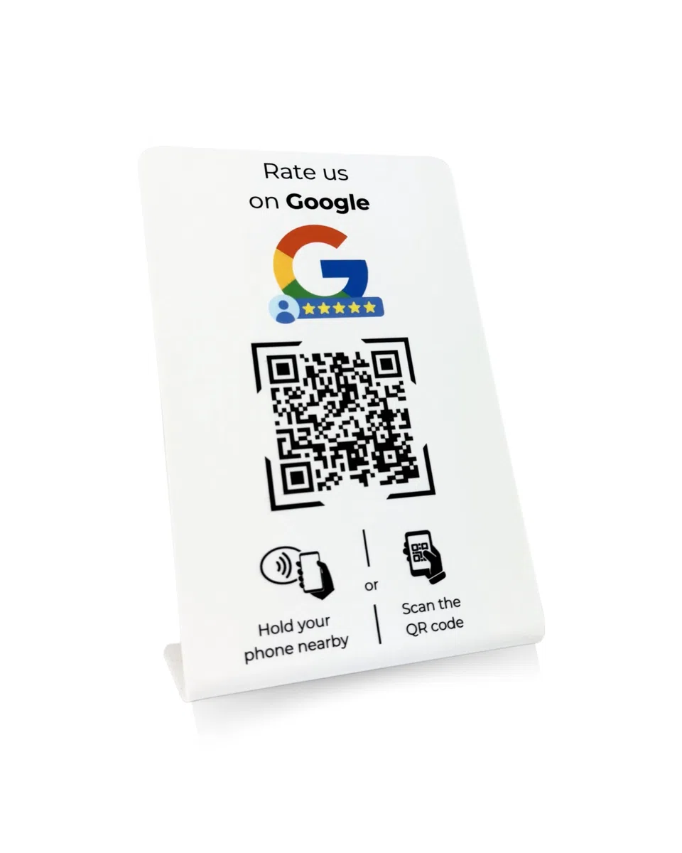 Expositor para revisiones de Google con código QR y chip NFC (16,5 x 10,5 cm) (Blanco)