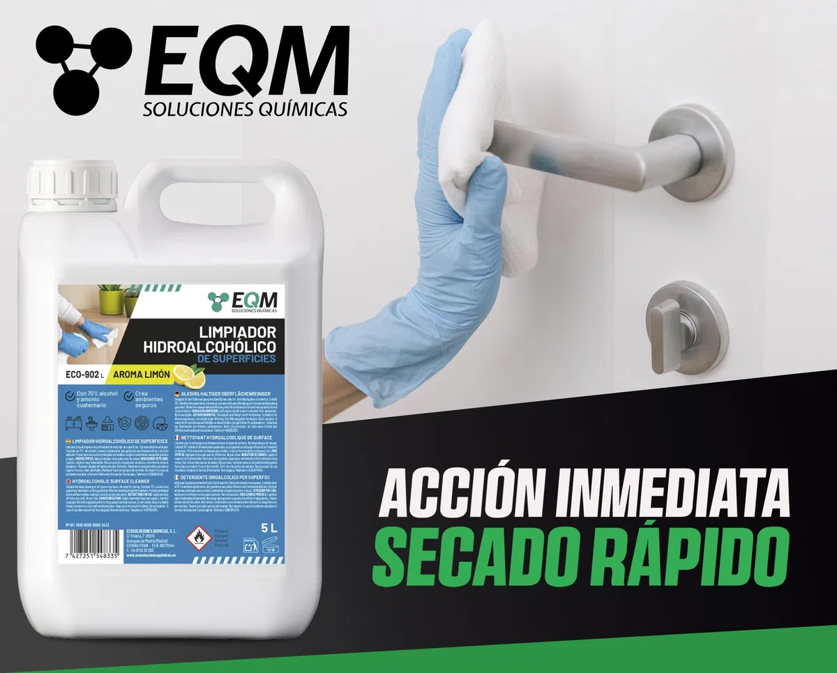 EQM - ECO-902L - Limpiador Hidroalcohólico de Superficies - 5L - Limpieza de Zonas de Alto Contacto - Acción Inmediata, sin Aclarado, no Deja Residuos - Esencia Limón