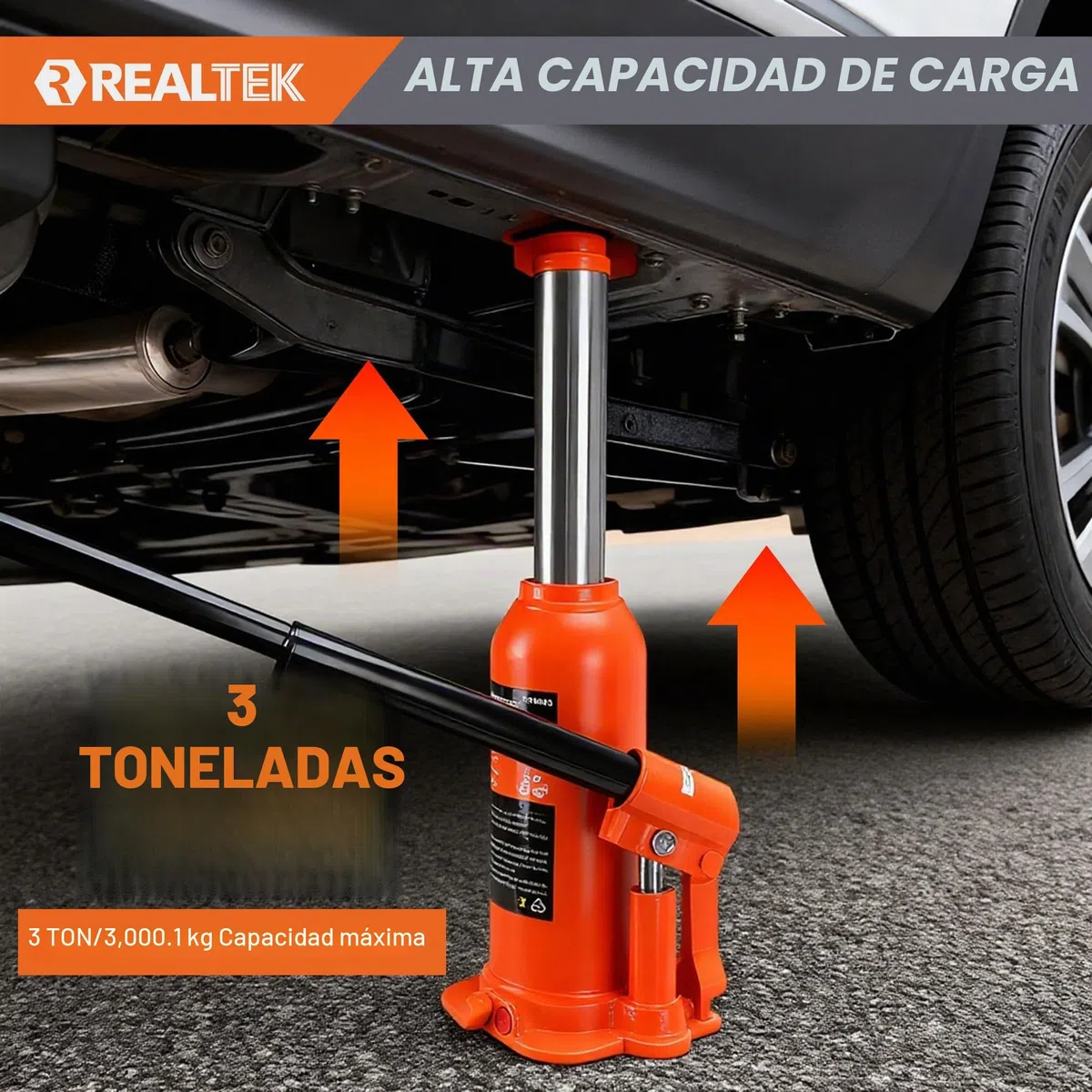 REALTEK Gato Hidráulico de Botella 3 Toneladas Resistente Gato de Soporte de Elevación para Vehículos, Rango de Altura 188-363 mm, Naranja