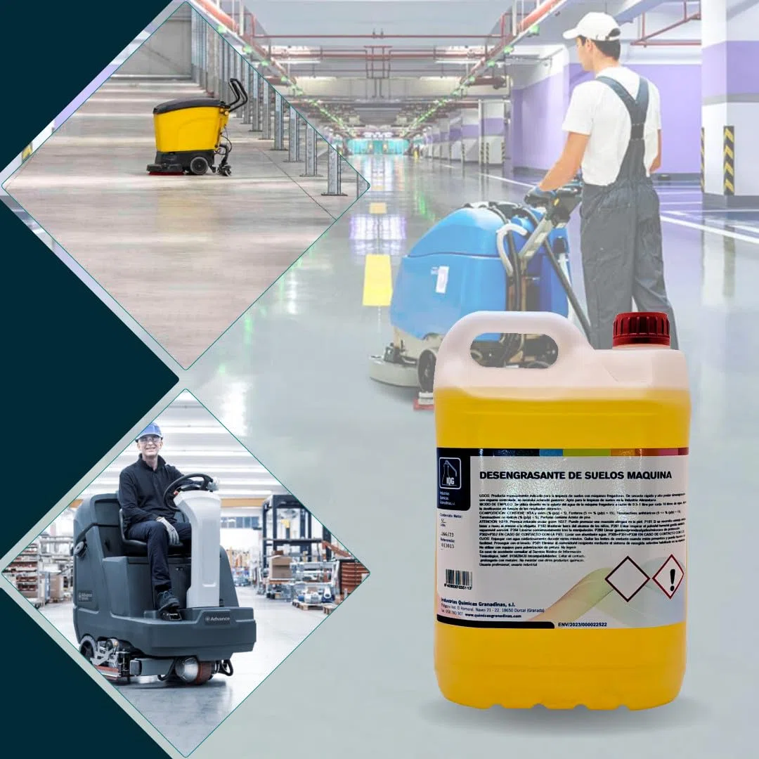 Fregasuelos desengrasantes, 5L Ideal para máquina fregadora, limpieza de suelos profunda y de grandes dimensiones. Suelos industriales, talleres, centros comerciales, parking, hoteles
