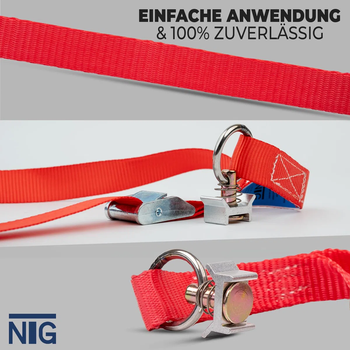 NTG 4 correas tensoras para carril de aerolíneas de 5 m de largo con cierre de sujeción y 2 piezas de aluminio Fitting | 25 mm de ancho | 300 kg | fabricado según DIN