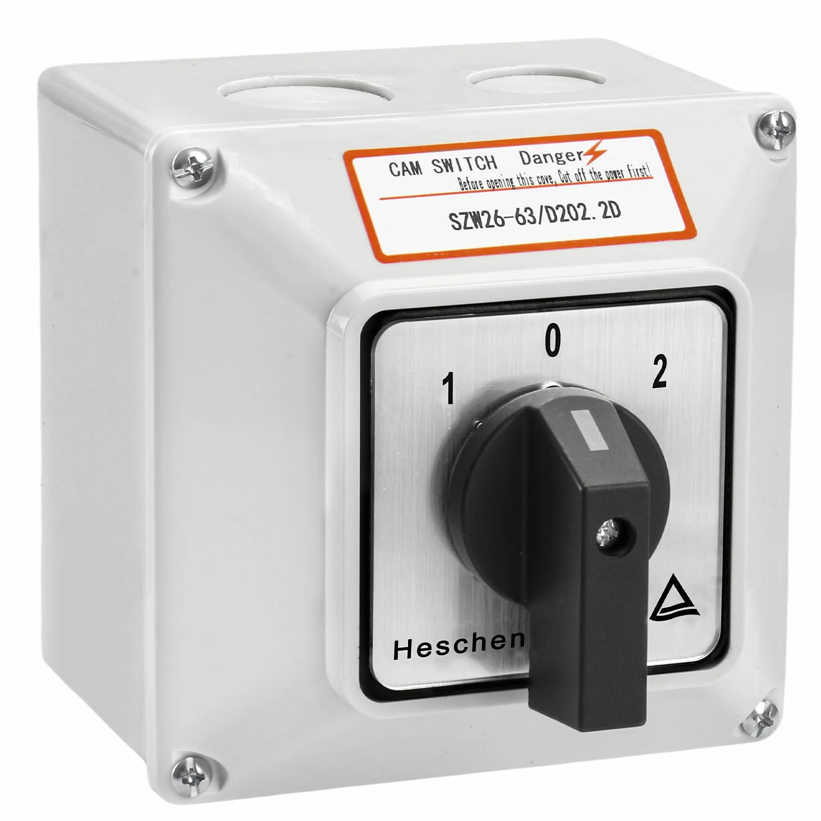 Heschen SZW26-63/D202.2D - Interruptor de cambio universal para selector de levas, 660 V, 63 A, ON-OFF-ON, 3 posiciones, 2 fases, 8 terminales, con interruptor principal, caja externa, CE
