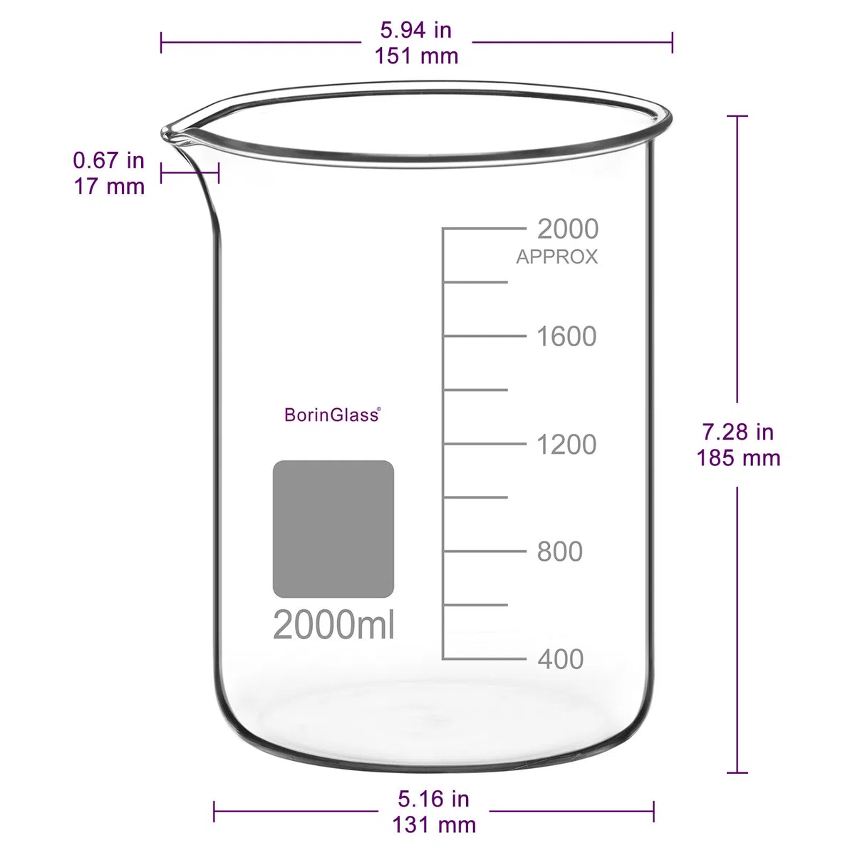 BorinGlass Vaso de Precipitados de Vidrio de Borosilicato de 2000 Ml, Vaso Medidor Griffin de Forma Baja Graduado con Pico Antigoteo para Vertido Y Mezcla Precisos en Experimentos de Laboratorio