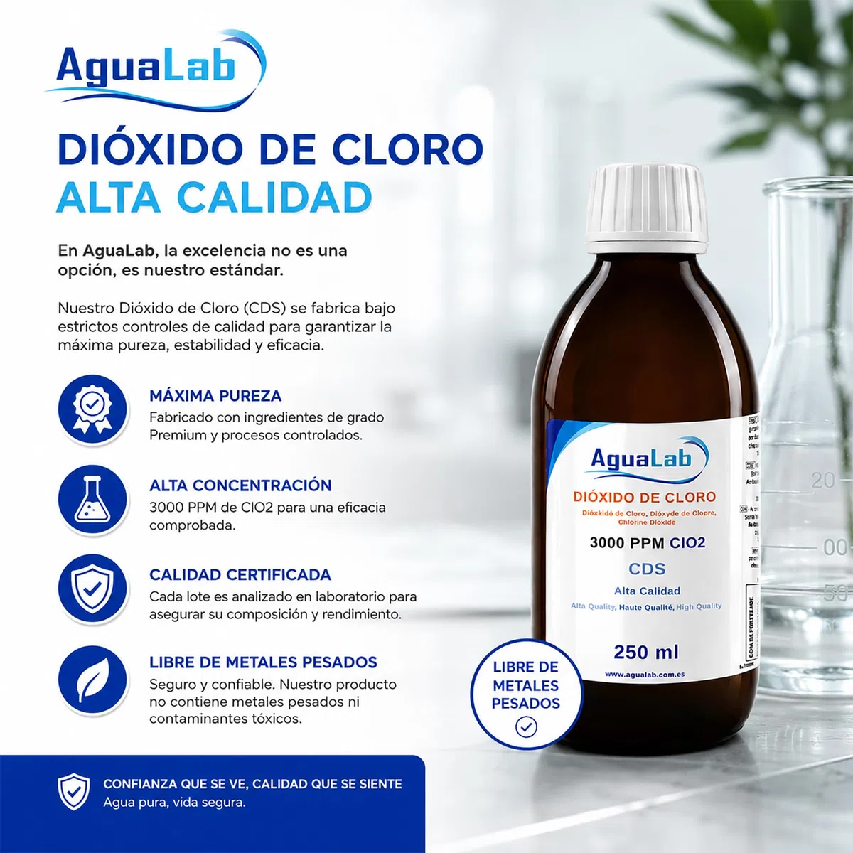 Dióxido de Cloro alta calidad en vídrio 250ml - CDS 3000 PPM - PH Neutro | Apto para Desinfección y Potabilización Aguas Consumo Humano - Laboratorio Español. Reg 24-20/40/90-12176