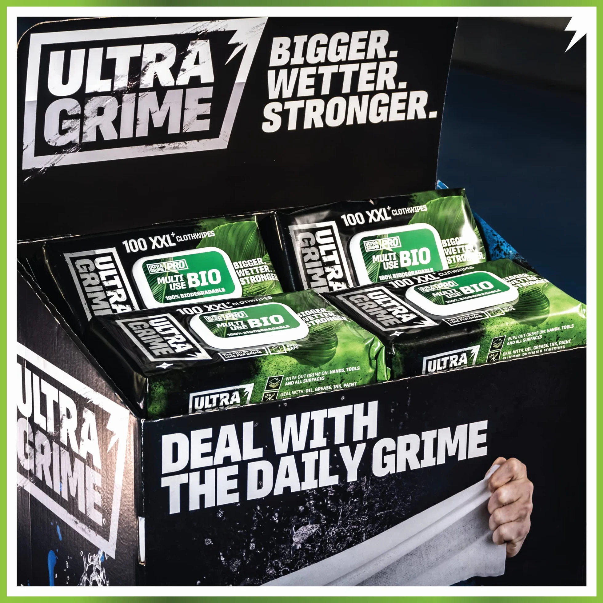 UltraGrime Pro Multiusos Sin Plástico | Toallitas industriales para eliminar manchas de grasa, aceite, pintura y tinta | 100 toallitas húmedas XXL, 38 cm x 25 cm