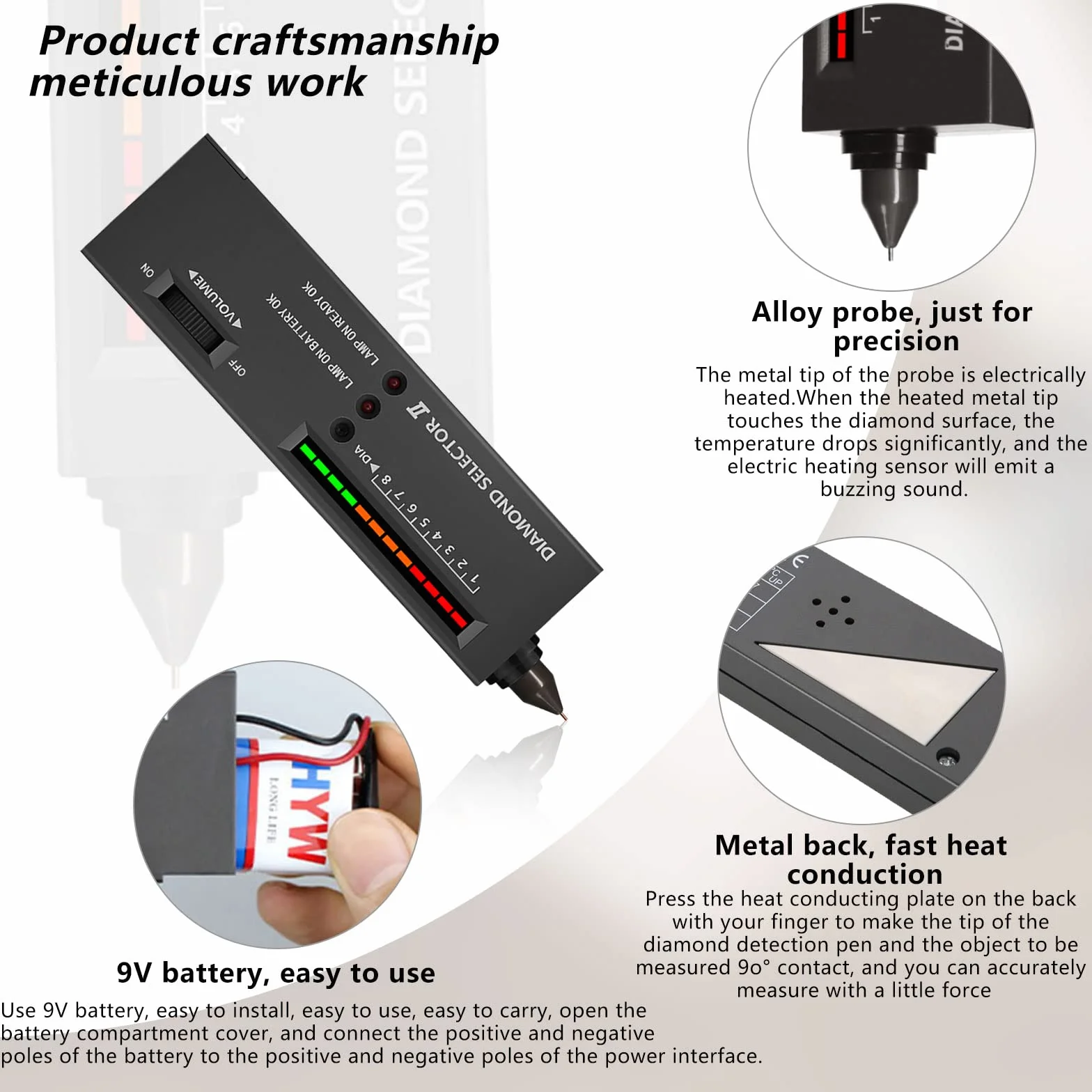 Pluma profesional probador de diamante, lápiz de prueba de diamante electrónico de alta precisión con 2 piezas 30X 60X lupa gafas mini LED plegable lupa