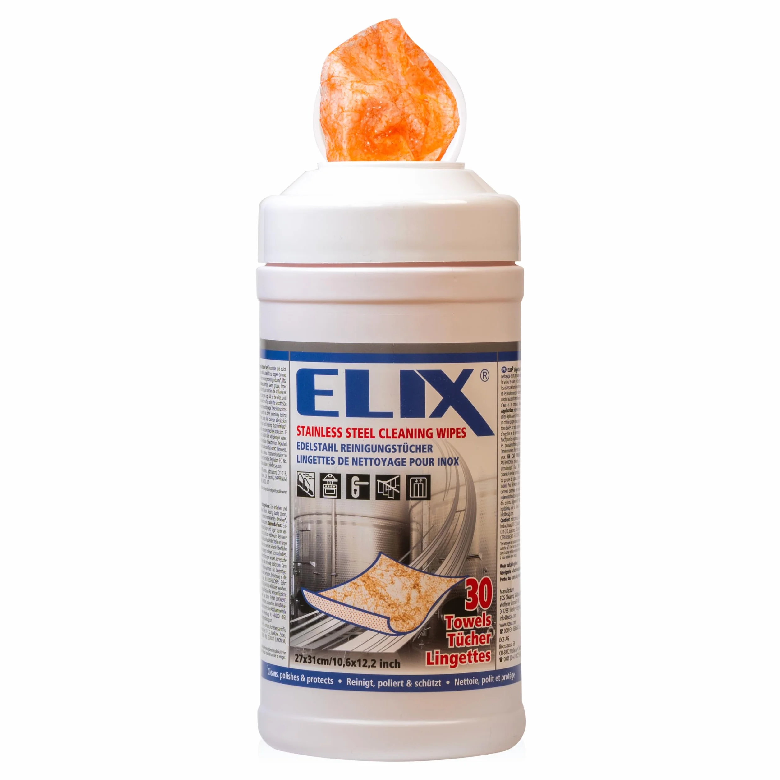 ELIX Toallitas Húmedas para Acero Inoxidable - para Acero Inoxidable, Aluminio, Cerámica, Cromo, Cobre y Latón - 30 Unidades en Dispensador - Paños Húmedos 27 * 31cm Naranja - Resistentes y Eficaces