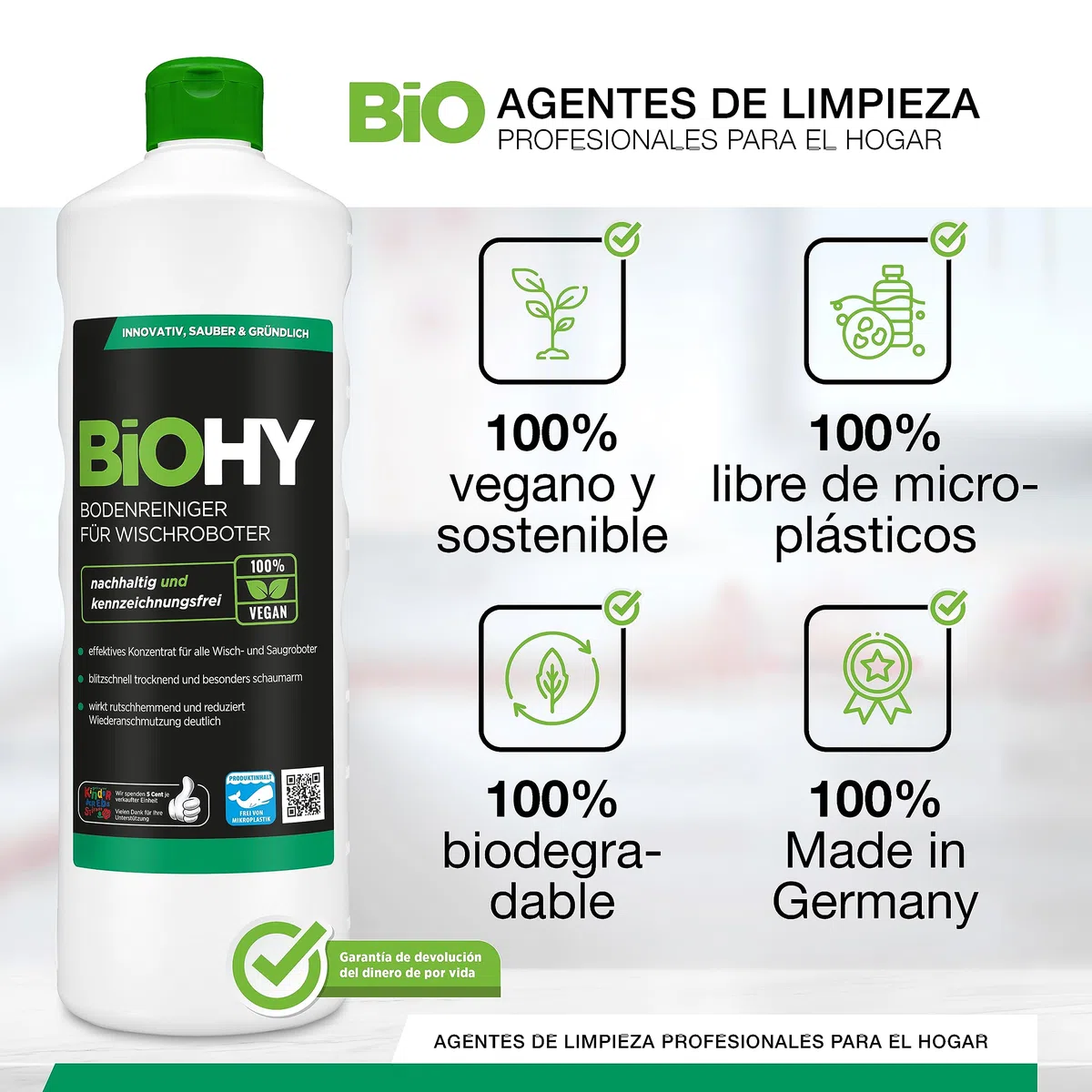 BiOHY Limpiador pisos para robots limpiadores (1 botella de 1 litro) | Concentrado para todos robot aspirador con función húmeda - sostenible y ecológico (Wischroboter)