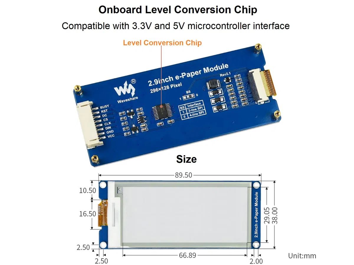2.9inch E-Paper Module 296x128 Resolution 3.3V/5V Two-Color E-Ink Display Module epaper Screen SPI Interface for Raspberry Pi/Arduino/Nucleo Support Partial Refresh