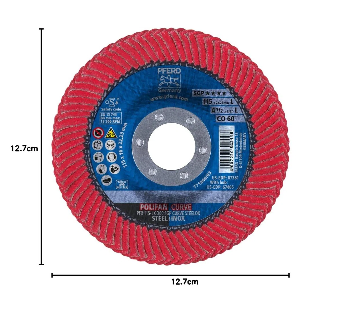 PFERD 67344 Polifan PFR - Disco de solapa tipo radial curvo, óxido de cerámica, diámetro de 5 pulgadas, agujero de eje de 7/8 pulgadas, 12200 RPM, grano 60