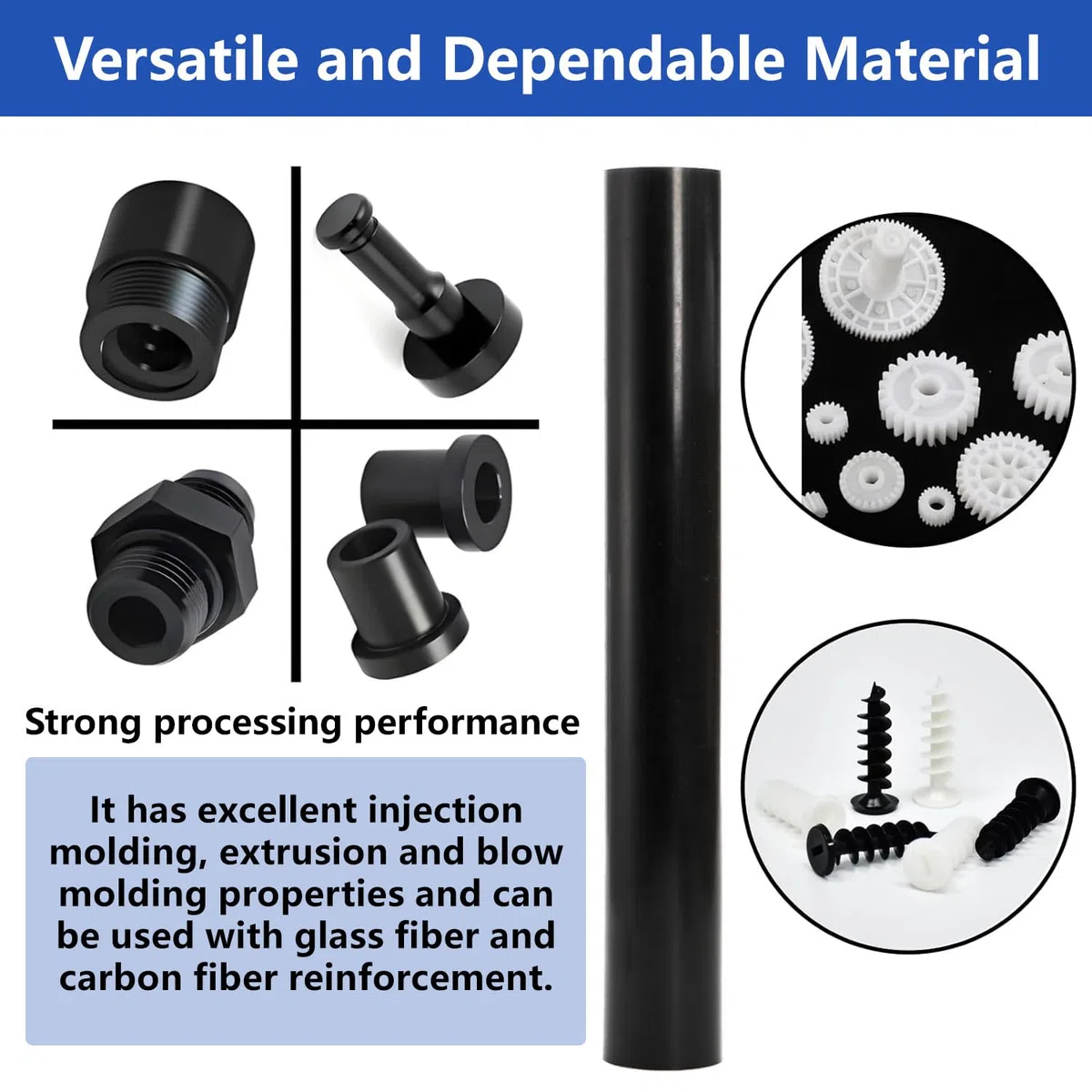 Pack de 4 Barras de Nylon PA6 Negro 50cm Ø15–30mm | Varilla Plástica Redonda para Mecanizado CNC, Bricolaje y Piezas Técnicas,20mm