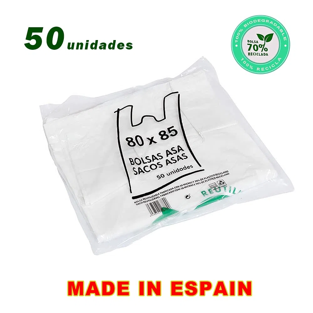HUSL Bolsas De Plástico Tipo Camiseta, Resistentes, Reutilizables y 70% Recicladas, Galga 200, Tamaños Variados, Gran Resistencia, 70% Recicladas, Cumple Normativas, Aptas Uso Alimentario (80x85cm)