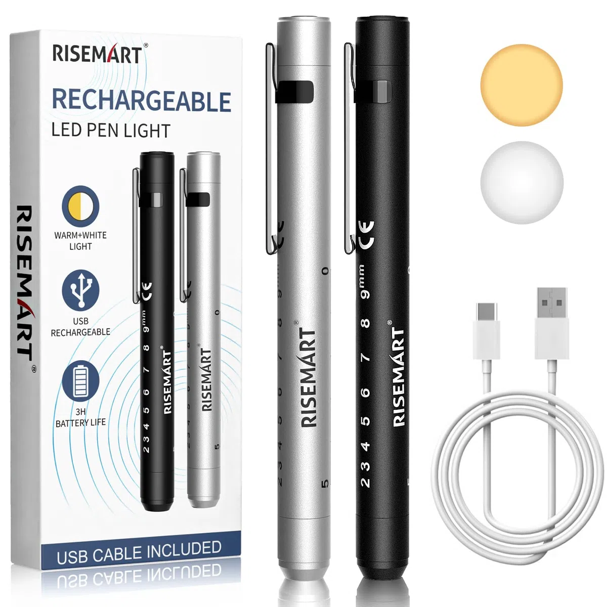 RISEMART Lámpara de diagnóstico para pupilas con medidor de pupilas y regla, luz blanca cálida/fría, recargable por USB, lámpara LED para enfermeras, estudiantes, médicos (negro y plateado)