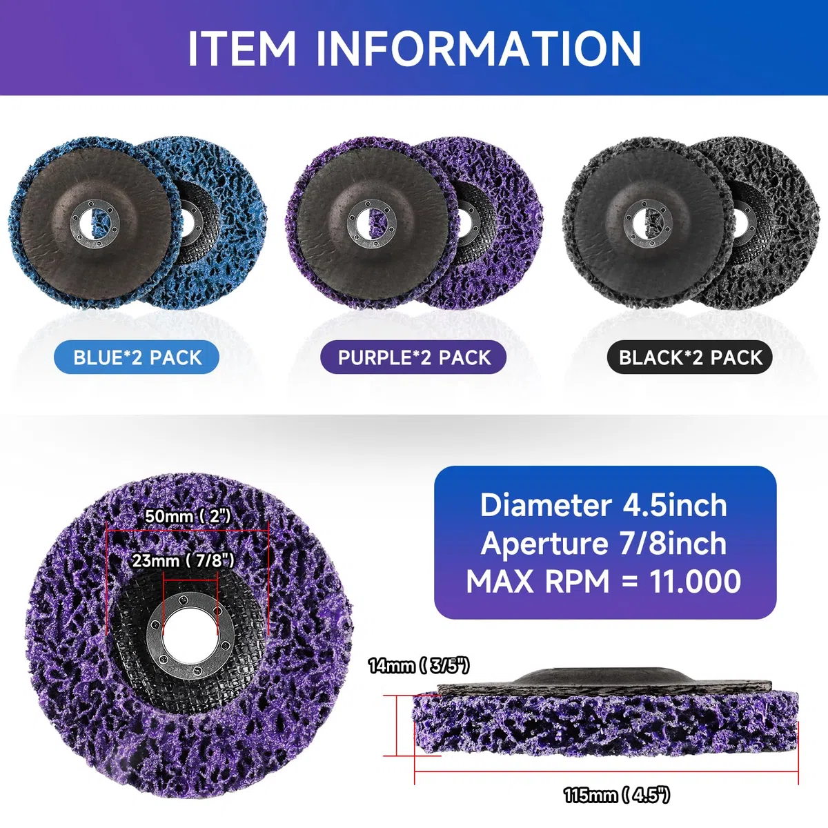6 Piezas 4.5"x7/8" Discos de Limpieza Gruesos,115mm Diámetro CSD Disco Pulido Disco Limpieza con Soporte, para Tratamiento de Superficies o Eliminación de Barniz（Morado/Azul/Negro）