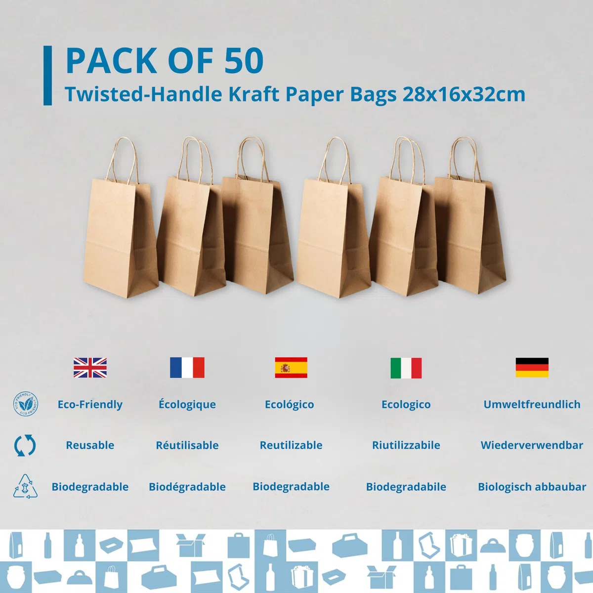 50 bolsas de papel Kraft con asas | bolsa Take Away: bolsa de comida para llevar | bolsa de regalo para Navidad (28 x 16 x 32 cm)