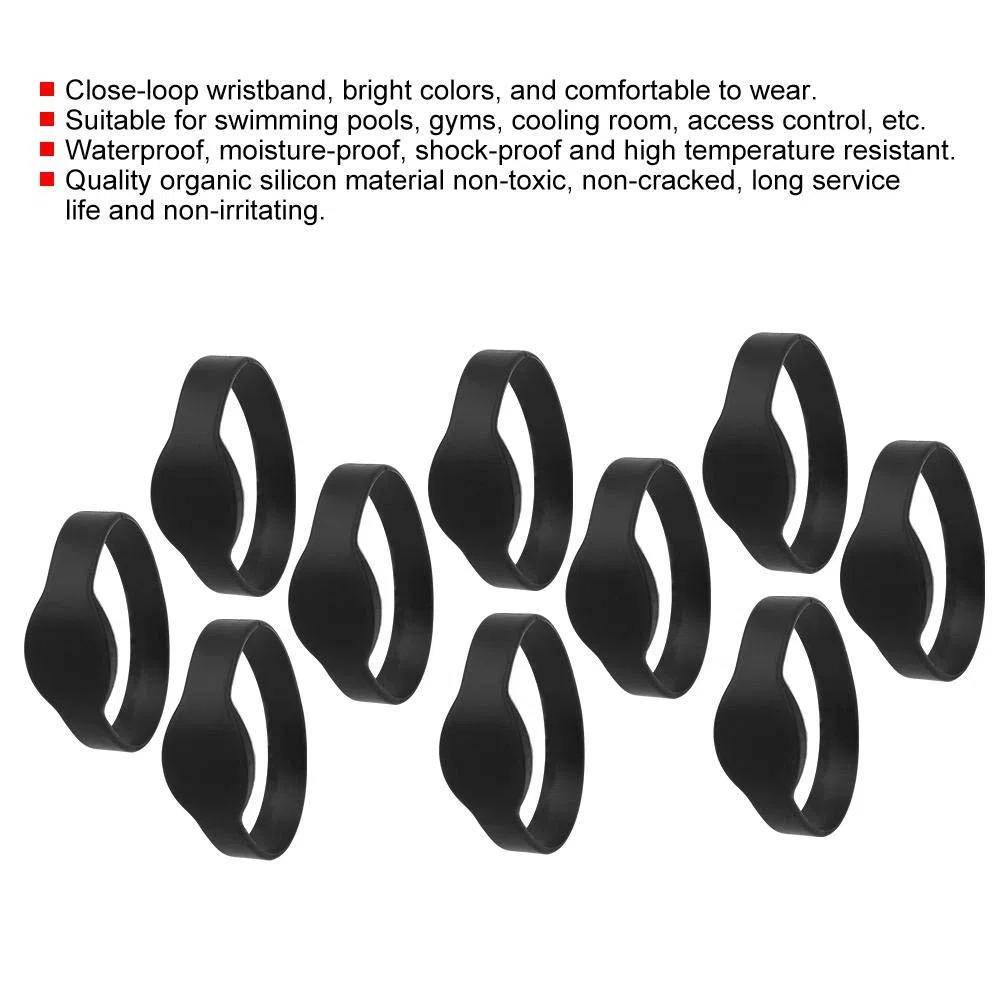 Tarjeta IC de pulsera de 13.56Mhz, tarjeta de pulsera de silicona RFID de 10 piezas, tarjeta IC resistente al agua RFID para sistema de control de acceso(Negro)