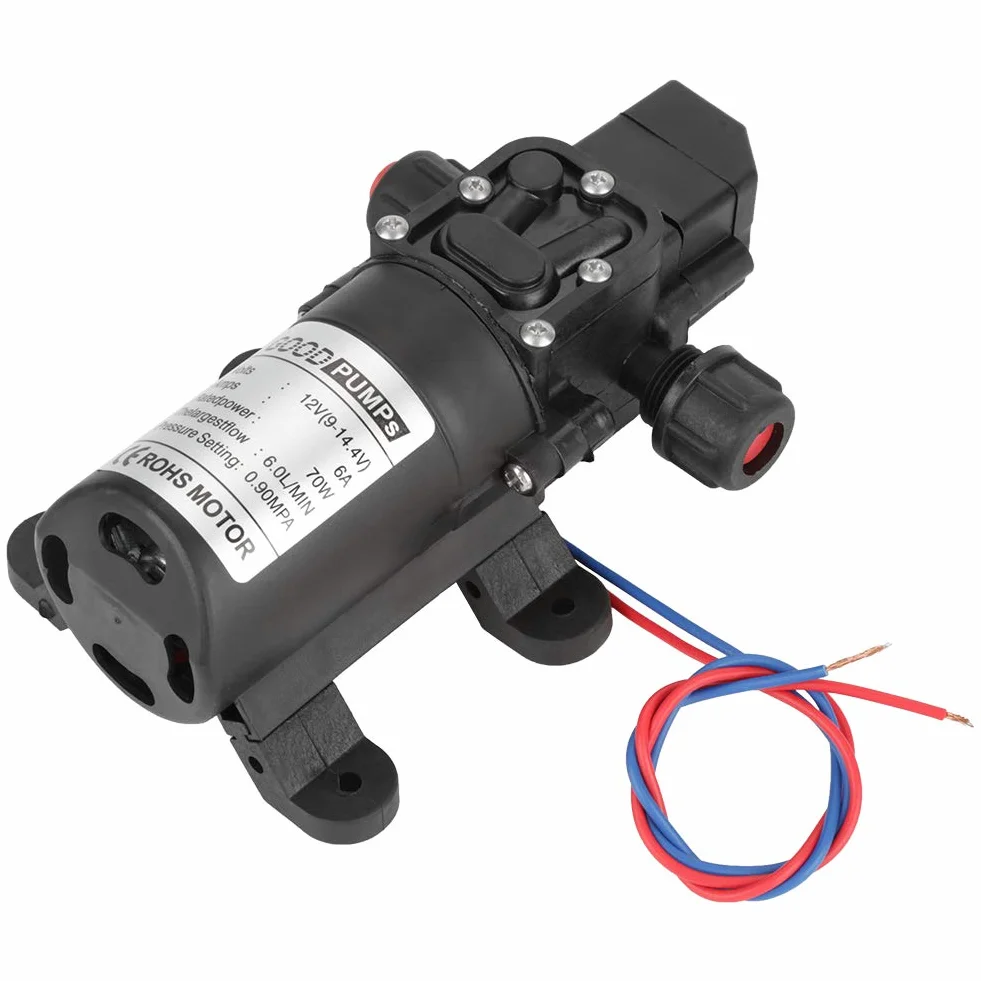 Bomba de Agua 12v 0.9Mpa 6L, Bomba de Diafragma de Alta Presión Autocebante, DC 12V 70W 4-6L/Min Bombas de presion de agua Alta Presion para Jardín, Caravana, Camping, RV, Botes