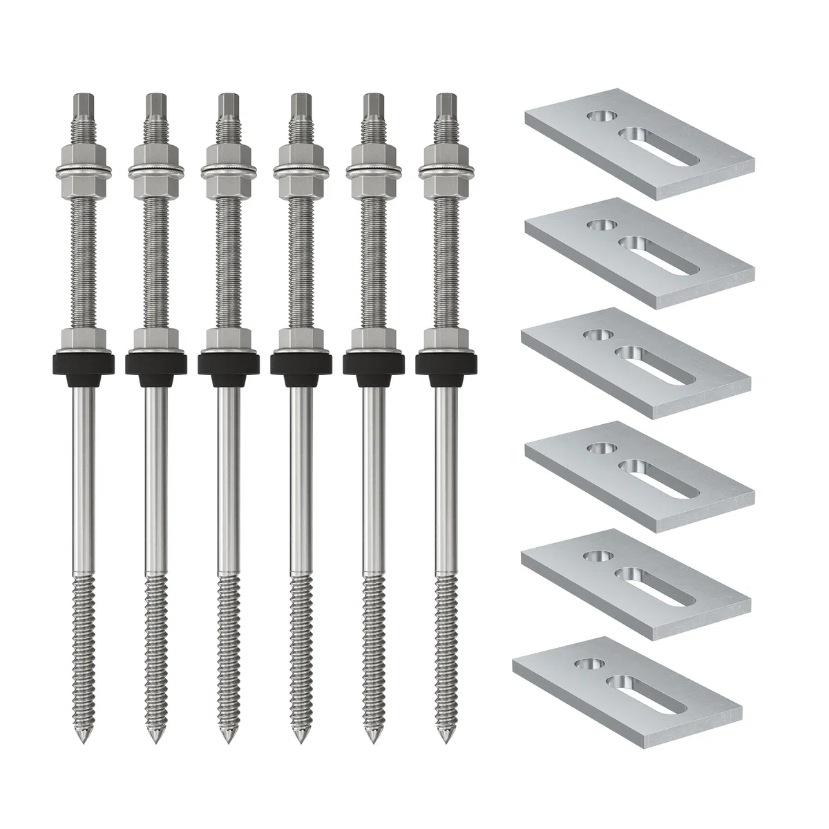 Fischer Kit de 6 tornillos de doble rosca STSR M10 x 250 mm + placas de fijación SSP10, para fijación de paneles solares fotovoltaicos en techos de placas onduladas o falsas pares, inoxidable A2,