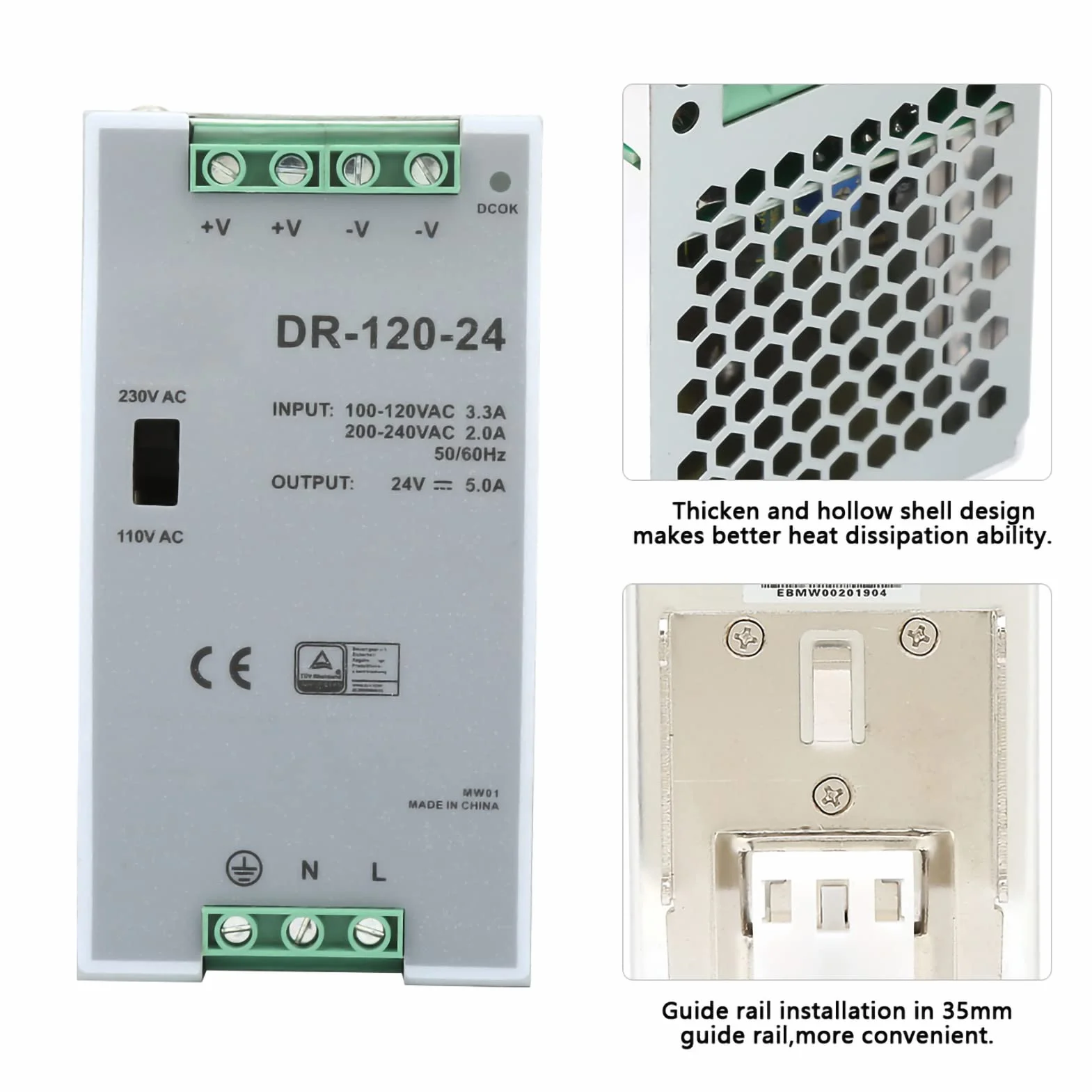 100~240V 24V 5A 35mm Fuente de alimentación de conmutación de carril DIN Eficiente AC/DC Carril DIN industrial Fuente de alimentación de 120W Modulación de ancho de pulso para industrial