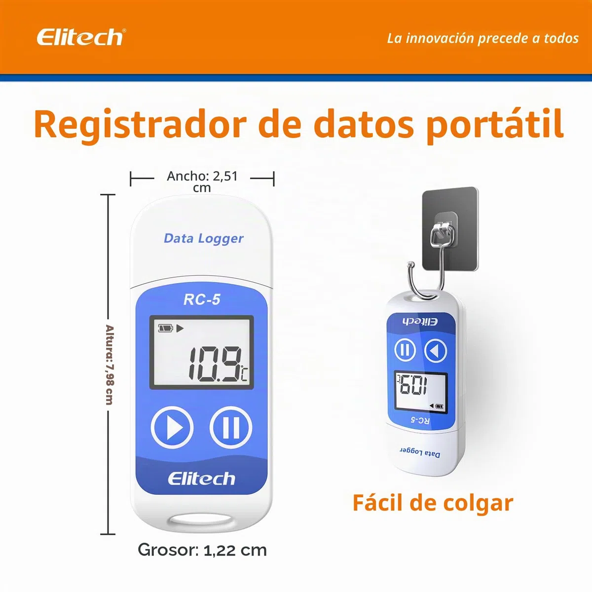 Elitech RC-5 Registrador de Datos de Temperatura USB, Registrador de Temperatura de Registro de Alta Precisión 32000 Puntos Capacidad, Software para Mac y PC, Reutilizable