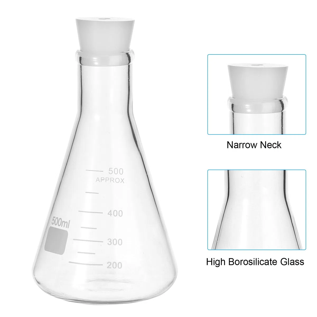 PATIKIL Matraz Erlenmeyer, 500ml 16.9oz Boca Estrecha Matraces Graduados Con Tapón De Silicona Matraces De Vidrio Borosilicato Con Graduación Impresa Para Experimentos Química Ciencia