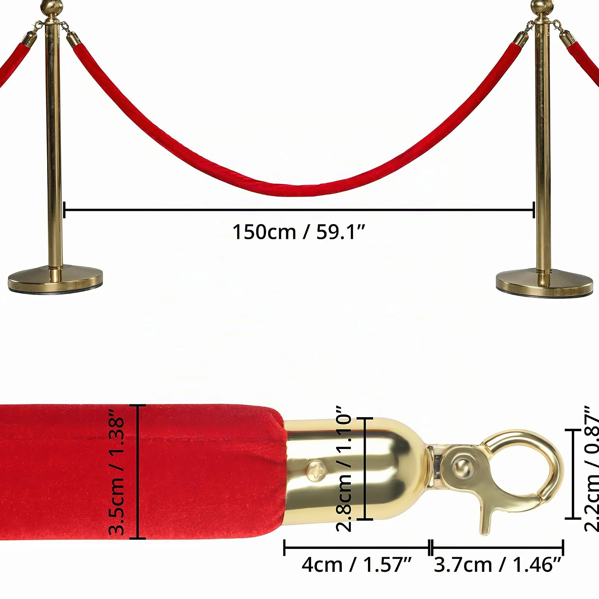 Belle Vous Pack de 2 Cuerda Terciopelo Rojo Barrera Separadora 150 x 3,5 cm – Ganchos Dorados Pulidos para Poste - Cinta Seguridad Separador Filas - Cinta para Delimitar, Control de Multitudes