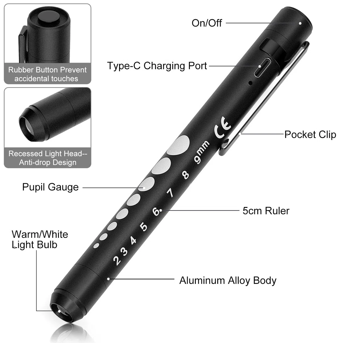 RISEMART Lámpara de diagnóstico para pupilas con medidor de pupilas y regla, luz blanca cálida/fría, recargable por USB, lámpara LED para enfermeras, estudiantes, médicos (negro y plateado)