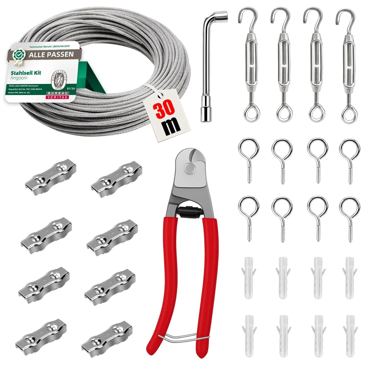 Angooni Lote de 31 cables de acero inoxidable 304, 30 m, 4 mm, tensor de cable de acero inoxidable 304, con ojales, tutores para plantas trepadoras, cuerda para tender ropa, luces, etc