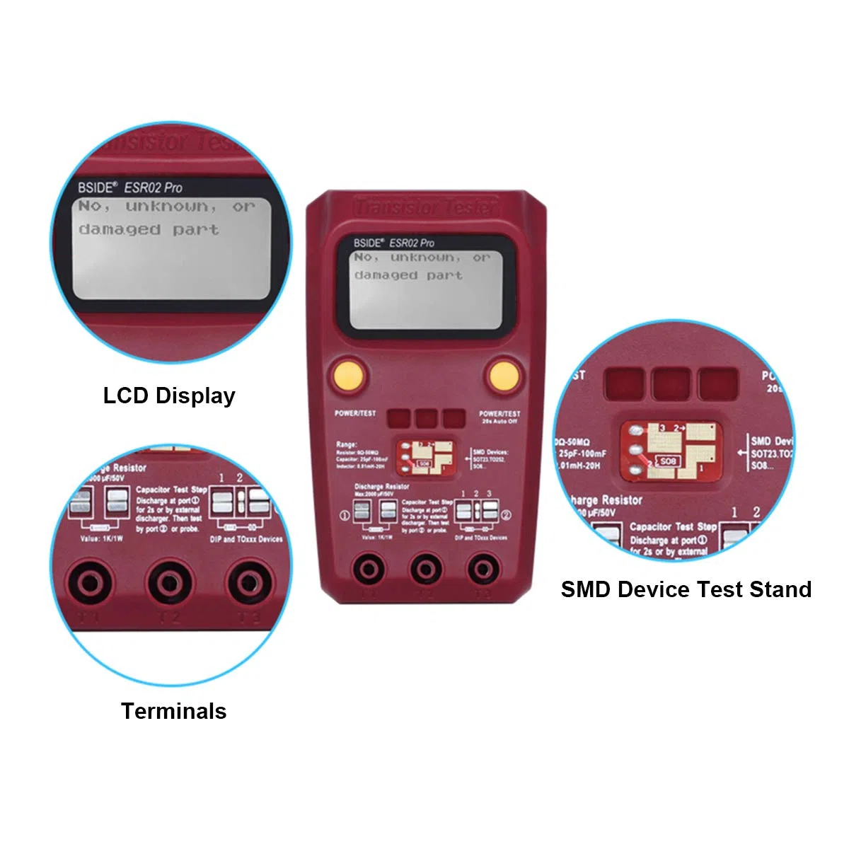 BSIDE ESR02 PRO Probador de Transistores SMD Componentes Comprobador Mega328 NPN/PNP Diodo Resistor Inductor Capacitancia ESR Meter con pinzas