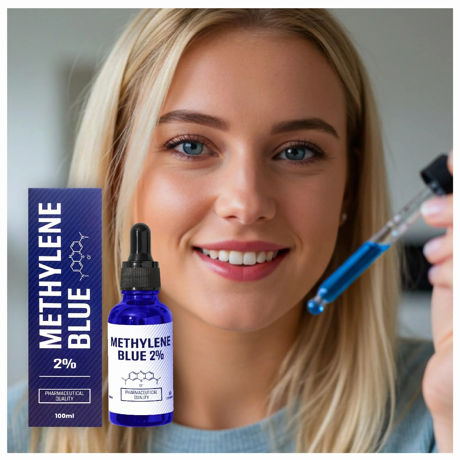 Solución de azul de metileno 2% – Calidad farmacéutica – Botella de vidrio ámbar de 100 ml con pipeta – Colorante puro para laboratorio, microscopía y técnica – Sin aditivos