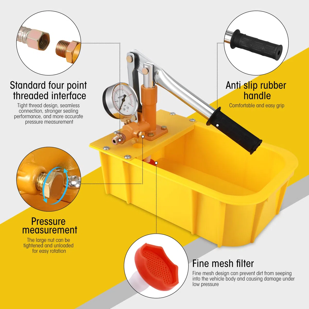 Bomba de presión manual Luqixcey, Industrial, Aluminio, Plástico, Amarillo, Bomba de agua, Bomba de mano, Bomba de prueba, Bomba de llenado, 2.5 MPa, 25 bares, 5 L, Solar, Hidráulica
