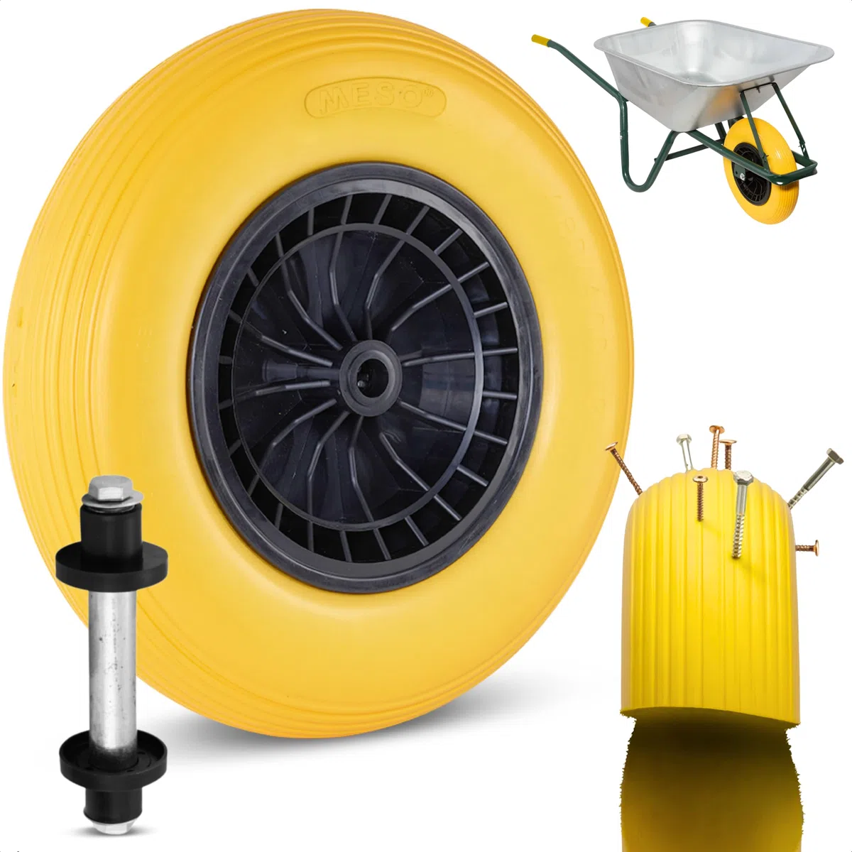 MESO® Rueda carretilla 4.80 4.00-8 Ø 400mm con eje - Rueda de carretilla de goma maciza antipinchazos con neumático de PU - Rueda repuesto goma maciza con borde plástico - Capacidad de carga de 200KG