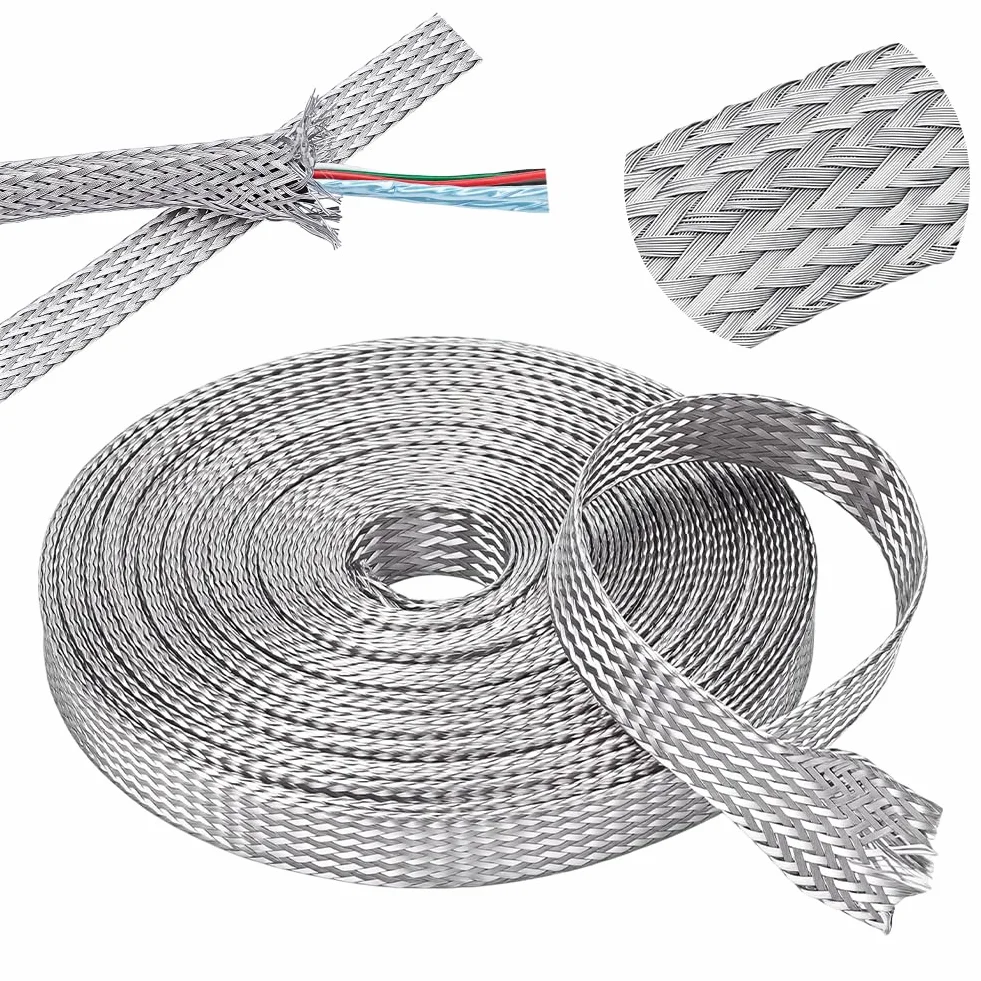 NBEADS Cinta trenzada de acero inoxidable de 10 m, cable de blindaje de alambre, correa de tierra de 12 a 13 mm de ancho, cinta de red escalable para protección de cables