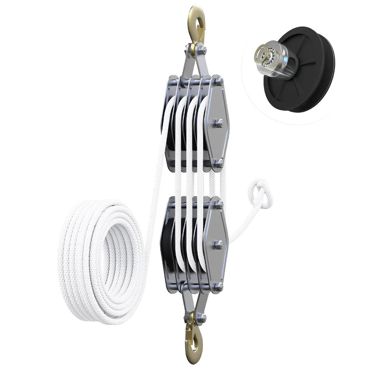 Block and Tackle - Polea de resistencia a la rotura de 4400 libras, polea de cuerda de 65 pies, rodamiento de metal mejorado, sistema de polea de potencia de elevación 7:1, polea para levantar objetos