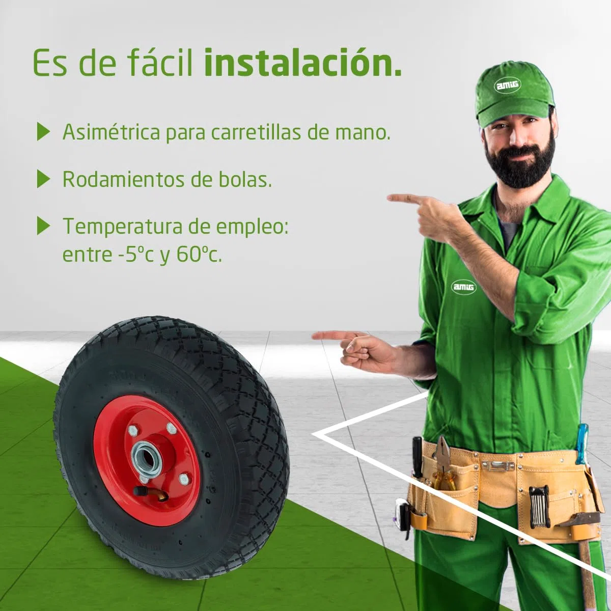 Amig - Rueda Neumática para Carretillas o Carros de Almacén con Cámara de Aire, Llantas en Color Rojo y Rodamientos de Bolas - Diámetro Ø260 x 85 mm · Peso Máximo 150 kg