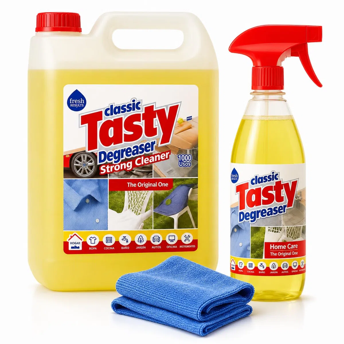Quita Grasas Extra Fuerte 5L + Pistola 1000ml con Trapo microfibra - Quitagrasas Concentrado - Desengrasante Profesional - Desengrasante Potente para todas las Superficies - Elimina todo