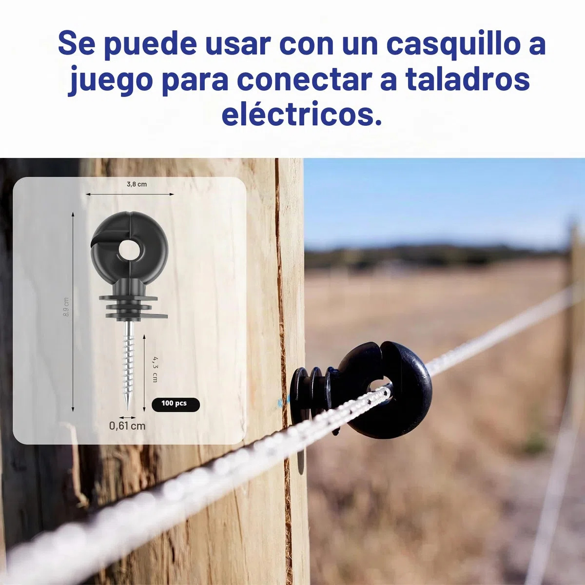 100 Piezas Aisladores de Anillo para Pastor Eléctrico con Adaptador de Taladro, Aisladores de Rosca para Postes de Madera, Material PP+PE Resistente, Cercas de Pasto y Caballos