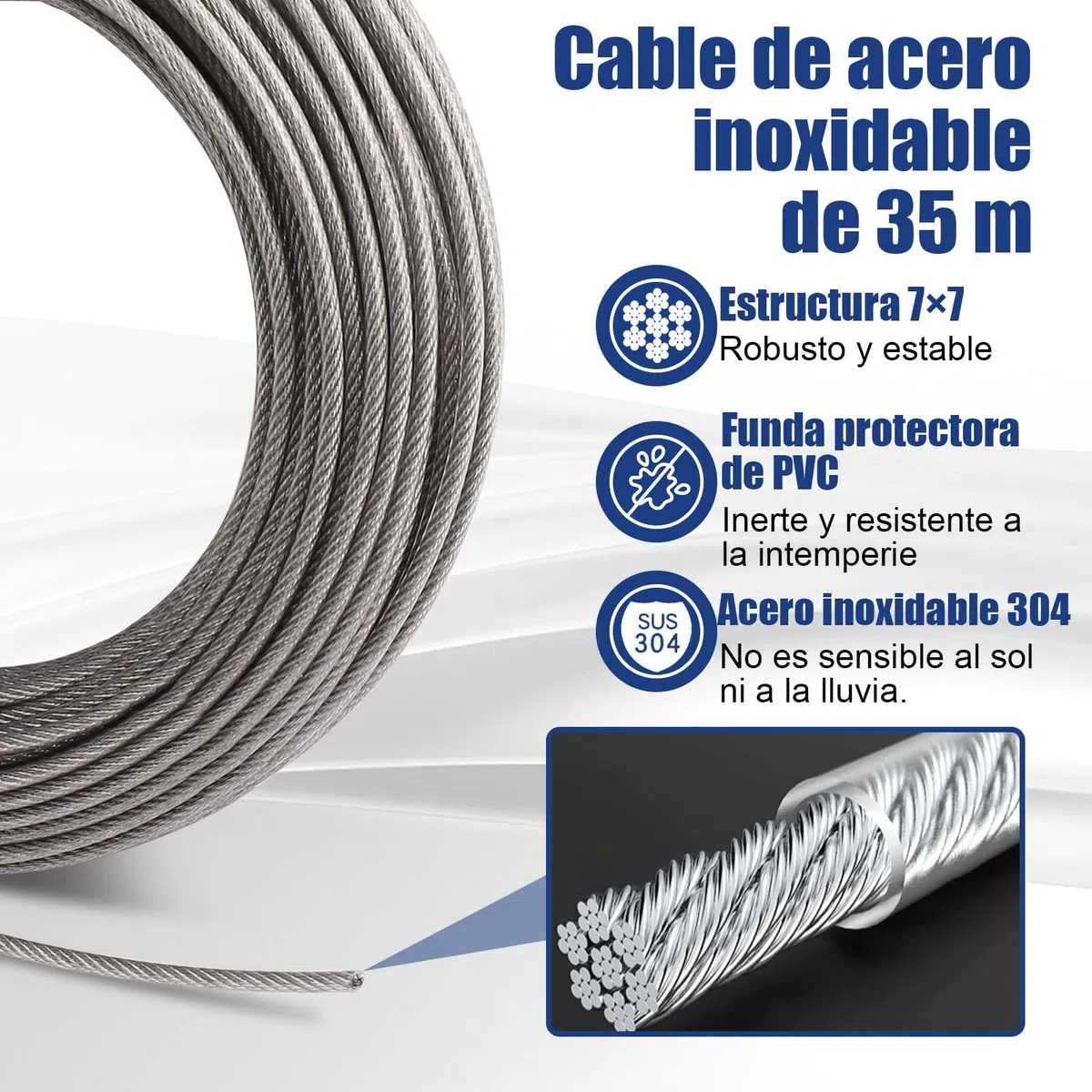 Angooni Juego de 65 Cuerdas de Acero Inoxidable 304 - 35 m, Tensor, Revestida Con Ojales - Para Tendedero, Luces Colgantes
