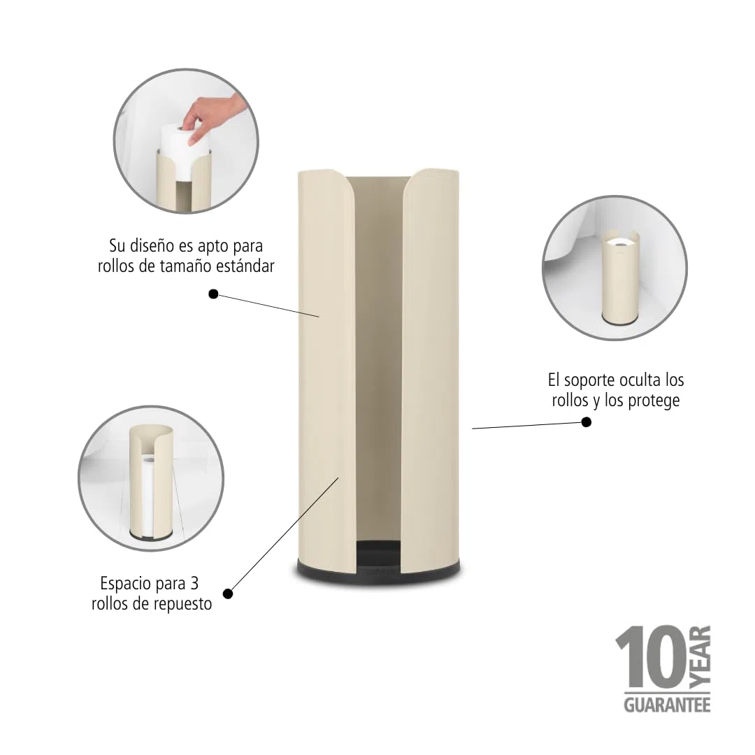 Brabantia - Renew Dispensador de Papel Higiénico - para 3 Rollos de Repuesto - Apto para Rollos de Tamaño Estándar - Resistente a la Corrosión - Accesorio de Baño - Soft Beige - 13,2 x 13,2 x 32,1 cm