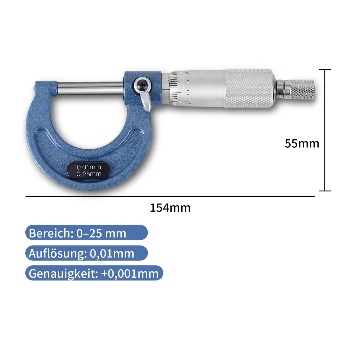 Micrómetro de 0,01 mm de resolución, rango de medición 0-25 mm, tornillo de medición de alta precisión, micrómetro métrico exterior pinza de freno con ajuste de cero llave