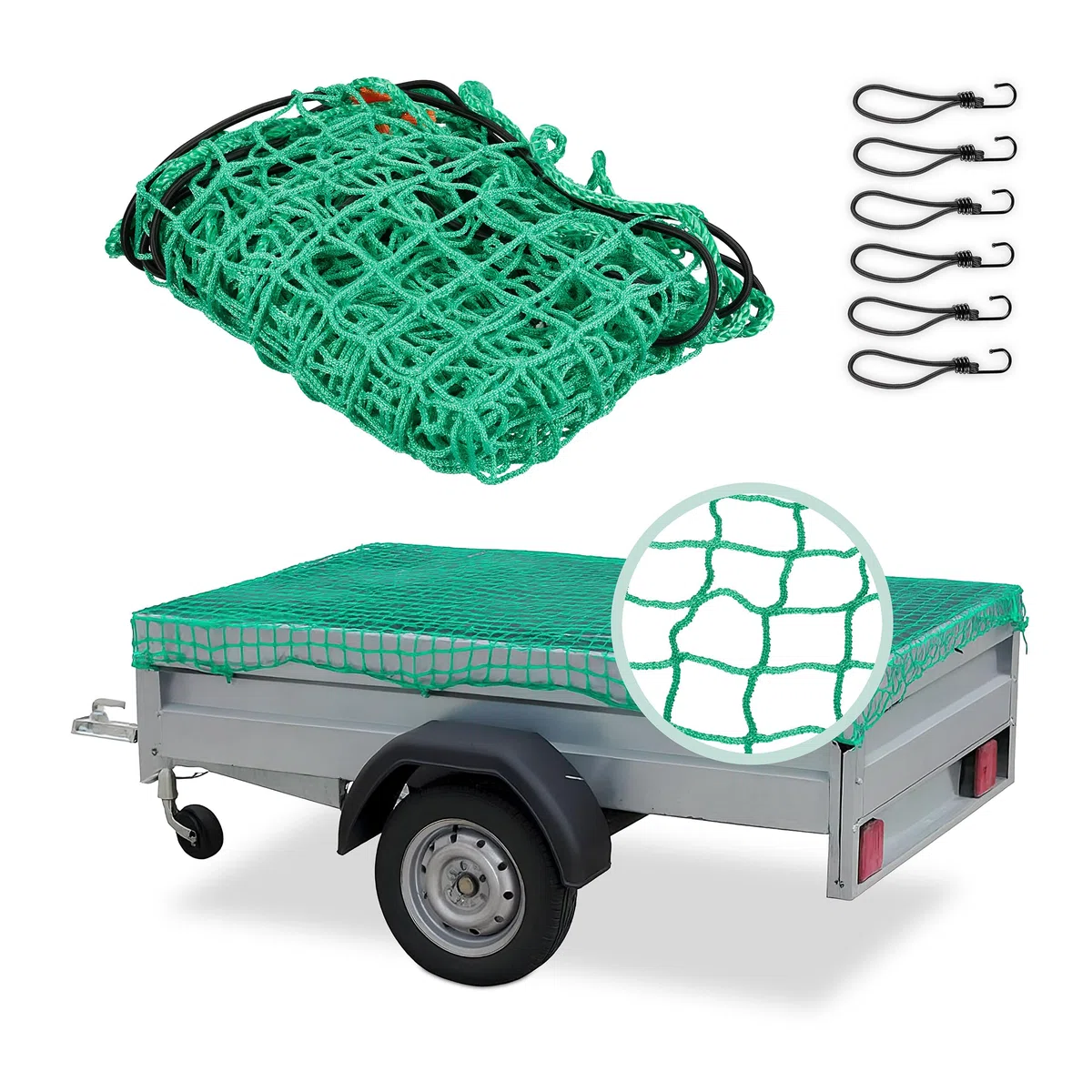 Relaxdays Anhängernetz 1,5 x 2, Red Remolque 1,5x2,2 m, 6 Ganchos, Marcas en Esquinas, Cuerda Goma, Fijación Carga, Malla de Cobertura, Verde