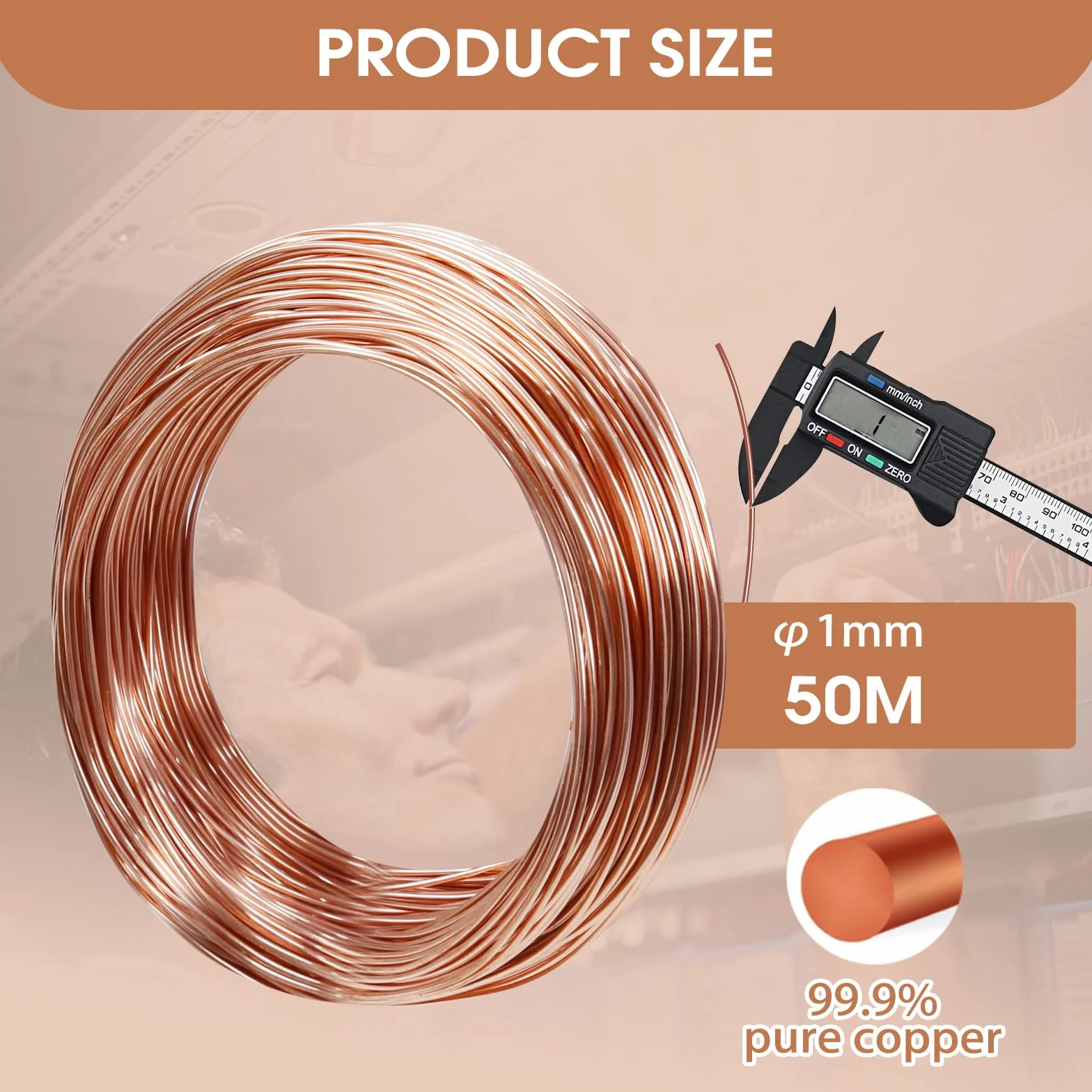 Alambre de Cobre Puro T2 1.0mmx50m, Desnudo para Soldadura, Resistente al Desgaste, para Electrocultura, Jardinería, DIY
